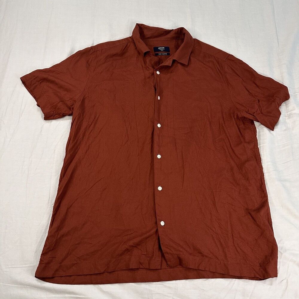 Ascot Shirt Men’s L Tailored Fit Red Long Sleeve Button Up Viscose Rust Orange